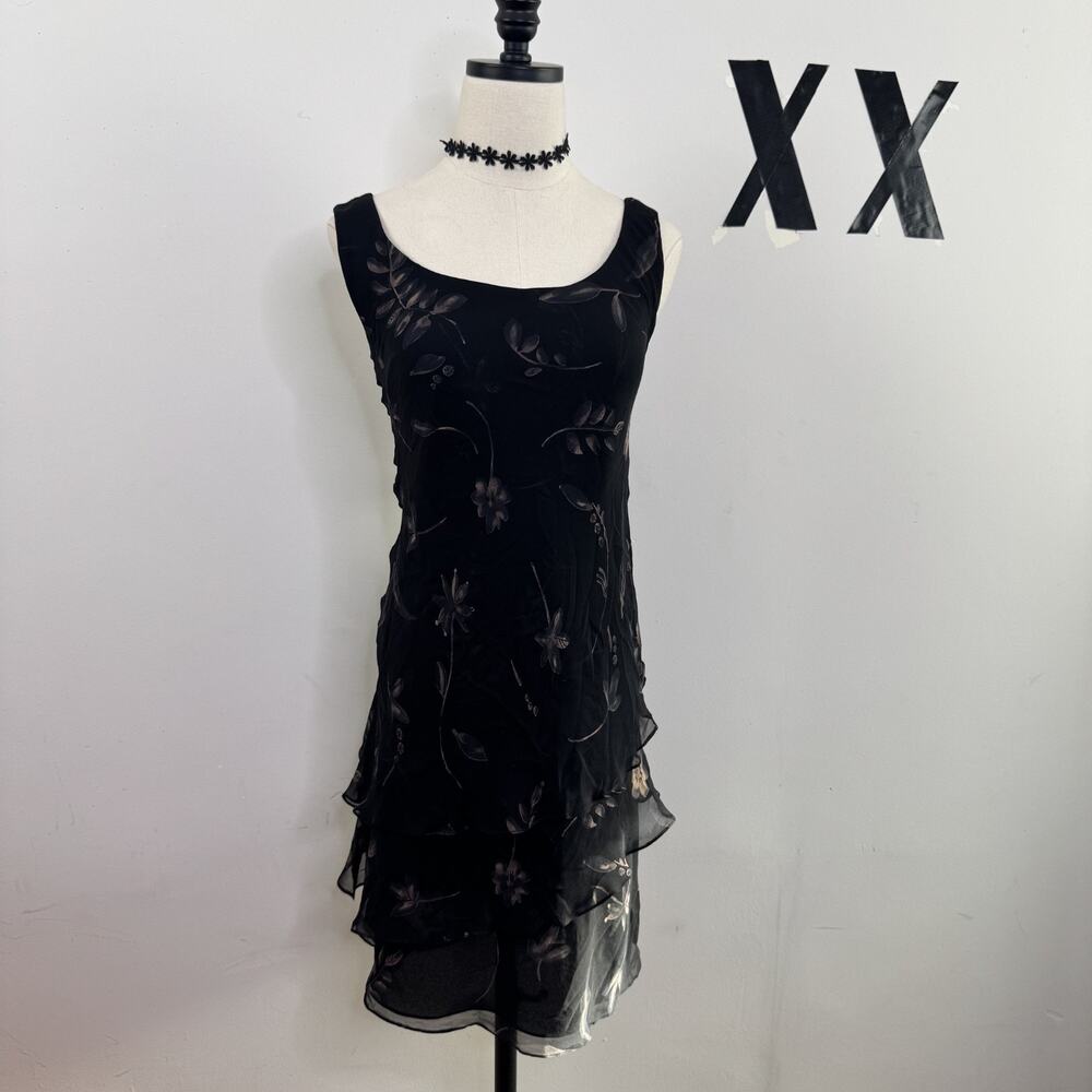 Vintage 90s Silk Floral Midi Dress Black Layered Gothic Romantic Dark Feminine 8